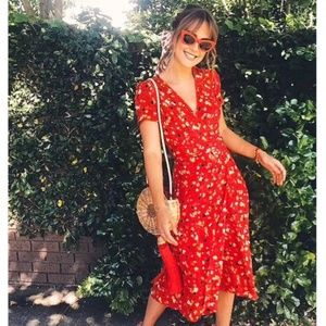 Red Floral print Wrap Midi Dress